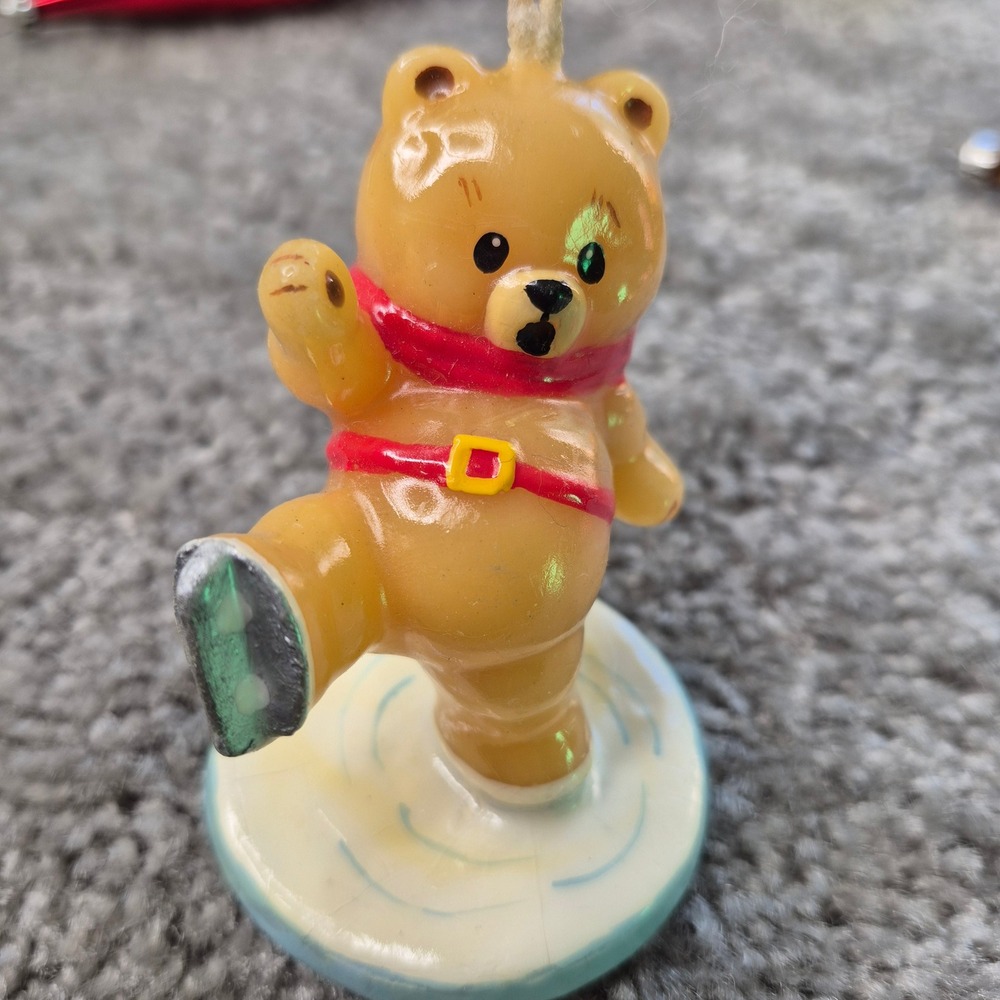 Vintage Wax Ice Skating Bear Christmas Candle Red Scarf Kitsch Holiday Decor